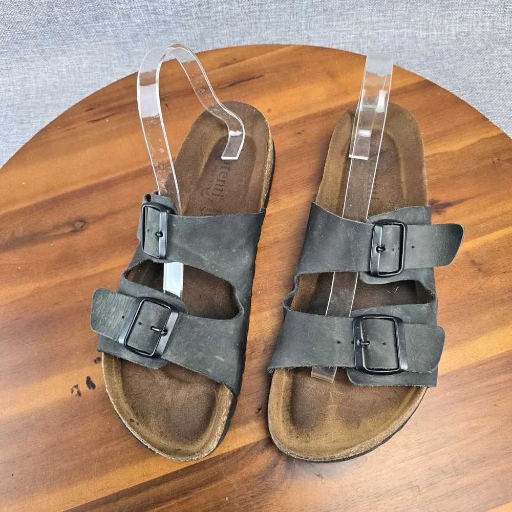 Aurenti Genuine Leather Black Double Strap Buckle Cork Footbed SlideSandals SZ11